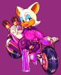 anthro biker blue_eyes boots breasts clothing crotchless_bottomwear crotchless_clothing eyeliner female footwear genitals gloves handwear hi_res lipstick makeup motorcycle netflix nipple_outline pubes pussy rouge_the_bat sega simple_background smile solo sonic_prime sonic_riders sonic_the_hedgehog_(series) sunk00_(artist) tight_clothing torn_clothing vehicle