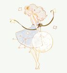  1girl arms_behind_back artist_name barefoot blue_dress constellation dress english_text from_behind grey_hair holding long_hair moon original simple_background tofuvi wavy_hair 