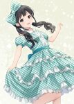  1girl :d absurdres animification black_eyes black_hair bow collared_dress commentary dress feet_out_of_frame frilled_dress frills gingham_bow gingham_dress green_bow green_dress hair_bow heart highres long_hair looking_at_viewer low_twintails oonishi_aguri open_mouth real_life skirt_hold smile solo teeth twintails unmoving_pattern upper_teeth_only wavy_hair white_bow white_dress yutuki_ame 