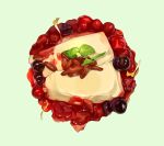  almond_tofu berry danryoku_(ucrh3525) dessert food food_focus fruit goji_berry green_background highres leaf no_humans original realistic sauce simple_background 