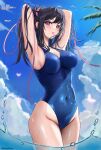  1girl absurdres arms_behind_head arms_up black_hair blue_one-piece_swimsuit blue_sky breasts casual_one-piece_swimsuit cleavage cloud covered_navel day hair_ribbon highres large_breasts long_hair looking_at_viewer one-piece_swimsuit original outdoors palm_leaf partially_underwater_shot pink_eyes ribbon shem_kako sky solo swimsuit tone twintails water 