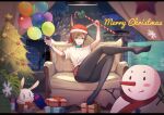  1girl :3 :d aircraft amiya_(arknights) animal_ears arknights armchair balloon black_legwear blue_eyes bow box brown_hair candy candy_cane chair christmas christmas_tree clenched_teeth coat commentary dirigible ears_through_headwear english_commentary eyebrows_visible_through_hair fireworks food full_body fur-trimmed_coat fur-trimmed_headwear fur_trim gift gift_box green_bow grin hat highres holding holding_candy holding_candy_cane holding_food leg_up letterboxed looking_at_viewer merry_christmas oldercat pantyhose penguin_logistics_logo pleated_skirt pom_pom_(clothes) rabbit_ears red_coat red_headwear red_skirt santa_hat shirt short_hair short_sleeves sitting skirt smile snowflakes snowman solo stuffed_animal stuffed_bunny stuffed_toy t-shirt teeth white_shirt window 