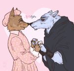 anthro big_bad_wolf_(shrek) boop brown_body brown_fur canid canine canis claws clothing death_(puss_in_boots) dreamworks duo ears_down facial_markings fur fuzzy grey_body grey_fur half-closed_eyes hand_holding hat head_markings headgear headwear heart_symbol love male male/male mammal markings mask_(marking) narrowed_eyes night_cap nightcap nightgown nose_boop nose_to_nose pink_background pivoted_ears poncho prick_ears puss_in_boots_(dreamworks) side_view simple_background smile standing wasaami wolf wraps wrist_wraps