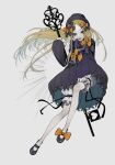  1girl abigail_williams_(fate) black_bow black_dress black_hat blonde_hair bloomers blue_eyes bow dress fate/grand_order fate_(series) floating_hair full_body grey_background gs999000 hair_bow heart highres holding holding_key key long_hair looking_at_viewer mary_janes multiple_hair_bows orange_bow oversized_object parted_bangs parted_lips polka_dot polka_dot_bow shoes simple_background sleeves_past_fingers sleeves_past_wrists smile solo 