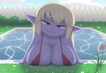 absurd_res big_breasts bikini blonde_hair blue_body breasts cleavage clothed clothing cloud digeldickerson eyebrows eyelashes female flower grass hair head_tilt hi_res humanoid_pointy_ears league_of_legends leaning leaning_forward looking_at_viewer mouth_closed plant pool poppy_(lol) purple_eyes raised_eyebrows red_bikini red_clothing red_swimwear riot_games shadow sky smile solo swimwear water wet yordle