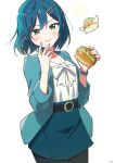  1girl 1other belt blue_hair blue_jacket blue_skirt blush character_request commentary_request cowboy_shot delicious_party_precure food fuwa_kokone green_eyes hair_between_eyes hair_ornament hairclip highres holding holding_food hone_(honehone083) jacket looking_at_viewer precure sandwich shirt simple_background skirt smile white_background white_shirt 