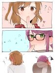  2girls ? aijou_karen blush brown_eyes brown_hair brown_shirt closed_mouth commentary ear_blush english_commentary finger_kiss finger_to_another&#039;s_mouth finger_to_mouth glasses green_eyes grey_scarf haruka_3442 highres hoshimi_junna long_hair multiple_girls purple_hair scarf shirt shoujo_kageki_revue_starlight squiggle triangle two_side_up white_shirt yuri 