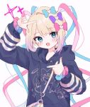  1girl :d black_hoodie blonde_hair blue_bow blue_eyes blue_hair bow chouzetsusaikawa_tenshi-chan drawstring finger_frame hair_bow heart hood hood_down hoodie kabe_(zp66104) long_hair long_sleeves looking_at_viewer multicolored_hair multiple_hair_bows needy_girl_overdose official_alternate_costume open_mouth pink_bow pink_hair purple_bow quad_tails simple_background smile solo sparkle upper_body white_background 