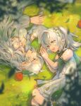  2girls :d absurdres ahoge apple bare_shoulders blurry blurry_foreground braid chinese_commentary commentary_request cross-shaped_pupils day detached_sleeves dress eye_contact falling_leaves food from_above fruit genshin_impact green_eyes green_pupils hair_ornament highres holding_hands leaf leaf_hair_ornament long_hair looking_at_another lying medium_hair multiple_girls nahida_(genshin_impact) on_grass on_side open_mouth outdoors pointy_ears rotational_symmetry rukkhadevata_(genshin_impact) side_braid side_ponytail smile symbol-shaped_pupils white_dress white_hair white_sleeves zhenmukm 