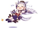  1girl :d animal_ears arms_up bangs boots brown_headwear chibi closed_eyes drop_kick gold_ship_(umamusume) horse_ears horse_girl horse_tail jacket kiri_(hakobato) long_hair long_sleeves open_mouth outstretched_arms pants purple_hair purple_pants shoe_soles smile tail umamusume white_background white_footwear white_jacket 