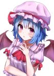  1girl :o \||/ arm_under_breasts ascot bangs bat_wings blue_hair blush bow breasts collarbone eyebrows_visible_through_hair frilled_shirt_collar frills from_above garaudon hair_between_eyes hand_up hat hat_ribbon highres looking_at_viewer mob_cap open_mouth pink_eyes puffy_short_sleeves puffy_sleeves purple_headwear purple_shirt red_ascot red_bow red_ribbon remilia_scarlet ribbon shirt short_hair short_sleeves small_breasts solo touhou upper_body wings 