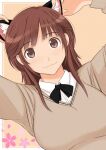  1girl amagami animal_ears arms_up black_bow black_bowtie bow bowtie breasts brown_eyes brown_hair brown_sweater cat_ears closed_mouth collared_shirt hand_on_own_ear highres kibito_high_school_uniform large_breasts long_hair long_sleeves sakurai_rihoko school_uniform shirt solo sweater takemi_kaoru upper_body white_shirt 