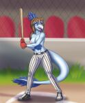 2024 5_fingers anthro areola baseball_bat baseball_field baseball_uniform bat_(object) big_areola blue_body blue_feathers blue_hair blue_highlights blue_scales breasts brown_hair cavemanon_studios claws clothed clothing dated detailed_background digital_drawing_(artwork) digital_media_(artwork) dinosaur dromaeosaurid elbow_feathers eyelashes feathered_dinosaur feathered_tail feathers female finger_claws fingers freckled_breasts freckles gloves hair handwear hi_res highlights_(coloring) i_wani_hug_that_gator jenine_(iwhtg) long_hair long_tail nipples open_mouth open_smile outside prometheuzone red_eyes reptile scales scalie signature smile snout solo sportswear tail tail_tuft theropod topless topless_anthro topless_female tuft uniform velociraptor