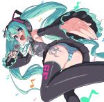  1girl aqua_eyes aqua_hair ass badluck2033 bare_shoulders breasts commentary_request detached_sleeves hatsune_miku headphones holding holding_microphone long_hair looking_at_viewer looking_back microphone miniskirt musical_note open_mouth panties side-tie_panties skirt small_breasts smile striped_clothes striped_panties thighhighs twintails underwear very_long_hair vocaloid 