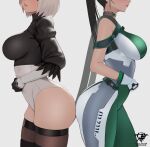  2b_(nier:automata) 2girls artist_logo ass ass-to-ass black_hair black_hairband black_thighhighs bodysuit breasts crossover curvy eve_(stellar_blade) from_side gloves grey_hair hairband highres juliet_sleeves kaos_art large_breasts leotard long_hair long_sleeves multicolored_bodysuit multicolored_clothes multiple_girls nier:automata nier_(series) planet_diving_suit_(7th)_(stellar_blade) ponytail puffy_sleeves short_hair side-by-side skin_tight stellar_blade thick_thighs thighhighs thighs tight_clothes very_long_hair white_background 