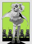  1girl ahoge alcohol arknights border dress_shirt drone dslr floating_clothes full_body green_background grey_border greyscale hands_up highres jacket lens_(arknights) long_sleeves monochrome necktie open_clothes open_jacket oripathy_lesion_(arknights) outside_border pleated_skirt scene_(arknights) shirt shoes short_hair side_ponytail simple_background single_sock single_thighhigh skirt socks solo spot_color straight-on taking_picture thigh_strap thighhighs wine yonezoudazo 