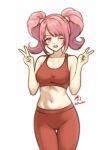  1girl breasts cleavage double_v fire_emblem fire_emblem_echoes:_shadows_of_valentia highres leggings looking_at_viewer mae_(fire_emblem) midriff one_eye_closed open_mouth pink_eyes pink_hair rotomdocs solo sports_bra sportswear twintails v white_background wide_hips 