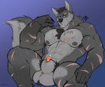abs anthro balls bodily_fluids canid canine canis fur genital_fluids genitals hi_res leaking_precum male mammal muscular muscular_anthro muscular_male narram nipples pecs penis penis_tip precum scar scars_all_over solo tail vein veiny_muscles wolf