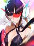  1girl absurdres armpits artist_name black_dress black_hair blue_eyes breasts cleavage dress elesa_(pokemon) eriott head-mounted_display headphones highres long_hair pokemon pokemon_bw2 pokemon_masters_ex red-tinted_eyewear red_visor small_breasts smile tinted_eyewear twitter_username 