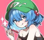  1girl black_tank_top blue_eyes blue_hair breasts cabbie_hat ch00suke cleavage closed_mouth flat_cap green_hat hair_bobbles hair_ornament hat holding holding_screwdriver kawashiro_nitori looking_at_viewer medium_hair pink_background screwdriver simple_background smile solo sparkle strap_slip tank_top tongue tongue_out touhou two_side_up upper_body 