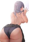  1girl absurdres ass ass_focus bent_over black_panties black_skirt breasts clothes_lift cowboy_shot grey_hair highres kiro_(kirotayu) large_breasts long_hair looking_at_viewer looking_back original panties purple_eyes shoulder_tattoo simple_background skirt skirt_lift solo standing tattoo topless underwear white_background 