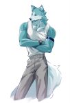 absurd_res anthro armband athletic athletic_anthro athletic_male biped black_nose blue_body blue_fur bottomwear brand_new_animal canid canine canis cheek_tuft clock clothed clothing digital_media_(artwork) dxmdwq764027 facial_tuft fluffy fluffy_tail fur grey_bottomwear grey_clothing grey_pants hi_res inner_ear_fluff male mammal pants shirou_ogami shirt simple_background solo studio_trigger tail tank_top topwear tuft watch white_clothing white_shirt white_tank_top white_topwear wolf