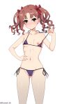  1girl absurdres artist_name ass_visible_through_thighs bikini black_bikini blush bow breasts brown_eyes brown_hair collarbone commission cowboy_shot hair_bow hand_on_own_stomach hand_up highres holding_strap long_hair navel nipple_slip nipples pixiv_commission red_hair roswell_ss shiny_skin shirai_kuroko simple_background small_breasts smile solo standing swimsuit toaru_kagaku_no_railgun toaru_majutsu_no_index twintails white_background 