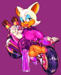 anthro balls biker blue_eyes boots breasts clothing crotchless_bottomwear crotchless_clothing eyeliner footwear foreskin genitals gloves gynomorph handwear hi_res intersex lipstick makeup motorcycle netflix nipple_outline penis rouge_the_bat sega simple_background smile solo sonic_prime sonic_riders sonic_the_hedgehog_(series) sunk00_(artist) tight_clothing torn_clothing vehicle