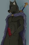  anthro balls biped black_body black_fur black_nose blaidd_(elden_ring) canid canine canis cape clothing copinlighter elden_ring erection front_view fur genitals hi_res knot looking_at_viewer male mammal melee_weapon open_mouth penis purple_eyes solo standing sword weapon wolf 