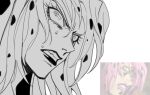  1boy clenched_teeth constricted_pupils derivative_work diavolo grey_background jojo_no_kimyou_na_bouken lipstick long_hair makeup male_focus portrait screenshot_redraw sempon_(doppio_note) solo spotted_hair sweat teeth vento_aureo 