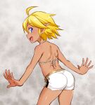  1girl ahoge ass aura_bella_fiora blonde_hair blue_eyes blush elf funnyari looking_at_viewer looking_back open_mouth overlord_(maruyama) pointy_ears short_hair shorts shoulder_blades simple_background smile solo white_shorts 