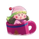  1girl akabino blunt_bangs blush_stickers commentary_request cup green_hair happy hat highres in_container in_cup long_hair mini_person minigirl mug nightcap pajamas pink_hat pink_pajamas pom_pom_(clothes) riruma simple_background smile solid_oval_eyes solo upper_body wagamama_fairy_mirumo_de_pon! white_background wing_collar 
