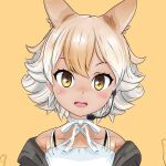  1girl animal_ears blonde_hair coyote_(kemono_friends) gloves kemono_friends kemono_friends_v_project looking_at_viewer necktie official_art open_mouth shirt short_hair simple_background skirt smile solo tail virtual_youtuber white_shirt yellow_eyes 