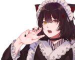  1girl animal_ears apron black_collar black_nails collar dog_ears dog_girl frills hair_between_eyes hair_ornament heterochromia inui_toko long_sleeves looking_at_viewer maid_headdress nail_polish nijisanji open_mouth red_eyes rinto_(rint_rnt) simple_background solo upper_body virtual_youtuber wa_maid white_apron yellow_eyes 