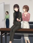  3girls absurdres black_hair brown_hair closing_door commission full_body green_shirt high_heels highres holding_hands jewelry multiple_girls necklace office_lady original pencil_skirt pixiv_commission setu_kurokawa shirt short_hair skirt suit table yuri 
