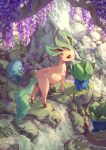  artist_name clockbirds commentary day english_commentary flower highres leafeon moss nature no_humans oddish outdoors photoshop_(medium) plant pokemon pokemon_(creature) purple_flower river rock scenery tree water waterfall watermark wisteria wooper 
