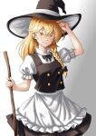  1girl absurdres black_hat blonde_hair braid closed_mouth commentary english_commentary gradient_background highres kirisame_marisa long_hair looking_at_viewer short_sleeves side_braid single_braid smacphadraig smile solo touhou upper_body white_background yellow_eyes 