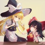  2girls :3 absurdres apron ascot black_hair black_hat black_skirt black_vest blonde_hair bow braid closed_mouth detached_sleeves eye_contact floating_hair frilled_apron frilled_bow frills grin hair_bow hakurei_reimu hat hat_bow head_rest highres kirisame_marisa leaning_forward long_hair long_skirt looking_at_another multiple_girls red_bow red_eyes red_shirt ribbon-trimmed_sleeves ribbon_trim shirt short_sleeves single_braid skirt sleeveless sleeveless_shirt smile touhou vest waist_apron white_apron white_background white_bow white_shirt white_sleeves witch_hat yellow_ascot yellow_eyes z-bow 