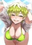  1girl absurdres bikini blue_background blue_sky breasts green_bikini green_eyes green_hair green_pupils highres izumo_tenka leaning_forward looking_at_viewer mato_seihei_no_slave open_clothes shirt sky solo swimsuit water_drop wet white_shirt yamada_otonari 