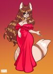 2024 absurd_res anthro breasts brown_body brown_fur brown_hair canid canine canis clothing collarbone domestic_dog dress eyebrows eyelashes female fur green_eyes hair heart_dott hi_res jamoart long_hair mammal open_mouth red_clothing red_dress solo wide_hips
