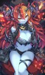  1girl absurdres bare_shoulders black_bra black_shorts blue_skin bra breasts brown_eyes brown_hair cleavage colored_skin demon_girl demon_horns eyelashes gauntlets hera_(p&amp;d) highres horns kuuron_(moesann17) lace lace_bra large_breasts long_hair navel puzzle_&amp;_dragons red_hair shorts sitting solo throne underwear 