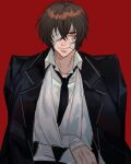  1boy arm_sling bandage_over_one_eye bandaged_arm bandages black_coat black_jacket black_necktie black_suit brown_hair bungou_stray_dogs closed_mouth coat coat_on_shoulders collared_shirt crossed_bangs dazai_osamu_(bungou_stray_dogs) evil_smile gauze gauze_on_cheek hair_between_eyes highres jacket lapels long_sleeves looking_at_viewer male_focus necktie noroinoenojin notched_lapels open_clothes open_collar open_jacket red_background red_eyes shirt short_hair simple_background smile solo straight-on suit upper_body white_shirt 