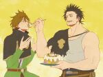  2boys belt biceps birthday_cake black_clover black_hair brown_belt brown_hair cake cape capelet cheek_bulge ear_piercing eating facial_hair feeding finral_roulacase food food_on_face green_jacket hair_between_eyes hands_up highres holding holding_plate implied_yaoi jacket light_blush long_bangs long_sleeves looking_at_another male_focus mature_male multiple_boys muscular muscular_male oolongtea1121 open_mouth pectorals piercing plate purple_eyes short_hair sideburns simple_background stubble surprised tank_top torn_cape torn_clothes upper_body yami_sukehiro yaoi yellow_background 