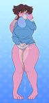 absurd_res amber_eyes anthro artist_name barefoot biped blue_clothing blue_sweater blue_topwear blush bodily_fluids breasts brown_hair citris clothed clothing countershade_face countershade_fur countershade_legs countershade_thighs countershading covering covering_face digital_media_(artwork) feet female female_peeing floppy_ears full-length_portrait fur genital_fluids hair hi_res hindpaw lagomorph leporid long_sleeves lop_ears mammal omorashi panties pantsless paws peeing pink_body pink_fur portrait rabbit remmy_(remybunny) shy solo standing sweater topwear underwear urine wet wet_clothing wet_panties wet_underwear wetting yellow_urine