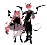  1boy 1girl belt belt_buckle black_bag black_belt black_bracelet black_dress black_footwear black_horns black_pants black_sleeves black_socks black_sweater black_tail black_wings buckle chainsaw chinese_commentary collared_shirt commentary_request covering_face demon_boy demon_girl demon_horns demon_tail demon_wings dress drill_hair full_body grey_skirt grey_sleeves hair_over_eyes hand_on_own_face hat holding holding_chainsaw horns kneehighs long_sleeves makunqaq mini_hat miniskirt open_belt original pants parted_lips pink_hair pleated_skirt pointy_ears puffy_long_sleeves puffy_sleeves shirt shoes short_hair simple_background skirt sleeveless sleeveless_dress smirk socks sweater tail torn_wings waist_bag white_background wings 