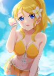  1girl absurdres ayase_eli bikini blonde_hair blue_eyes blush breasts cleavage cloud cloudy_sky commentary_request day flower hair_flower hair_ornament highres long_hair looking_at_viewer love_live! medium_breasts navel ocean open_mouth outdoors signature sky sky-blue1104 solo stomach swimsuit yellow_bikini 