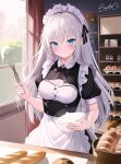  1girl absurdres ahoge apron baguette baguette_(baguettech) bakery blue_eyes bowl bread cleavage_cutout clothing_cutout codename:_bakery_girl croissant display_case doughnut flower food highres holding holding_bowl holding_whisk jefuty_(bakery_girl) long_hair maid maid_apron maid_headdress pastry reverse_collapse_(series) shop solo whipped_cream whisk white_hair 