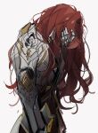  1boy argenti_(honkai:_star_rail) arm_at_side armor breastplate covered_eyes covered_mouth covering_face despair from_side gauntlets hand_on_own_face head_down highres honkai:_star_rail honkai_(series) long_hair male_focus oryunbunkosu profile red_hair shoulder_armor simple_background solo standing upper_body waist_cape white_background 