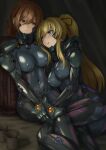  2girls armored_bodysuit blonde_hair blue_eyes bodysuit breasts brown_eyes brown_hair character_request covered_navel covered_nipples cup fortified_suit green_bodysuit hair_ribbon headgear highres holding_hands impossible_bodysuit impossible_clothes kurione_(zassou) large_breasts leaning_on_person long_hair looking_at_another medium_breasts mole mole_under_mouth multiple_girls muv-luv muv-luv_alternative ponytail ribbon shiny_clothes skin_tight two-tone_bodysuit yuri 