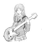  1girl bang_dream! bang_dream!_it&#039;s_mygo!!!!! blazer chihaya_anon closed_mouth collared_shirt commentary cropped_legs greyscale guitar haneoka_school_uniform holding holding_guitar holding_instrument instrument jacket long_hair long_sleeves looking_at_viewer monochrome necktie plaid plaid_skirt pleated_skirt school_uniform shirt simple_background skirt solo white_background yuki_watson_n 